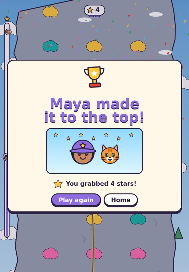 Win screen: Maya made it to the top, with a trophy and confetti.